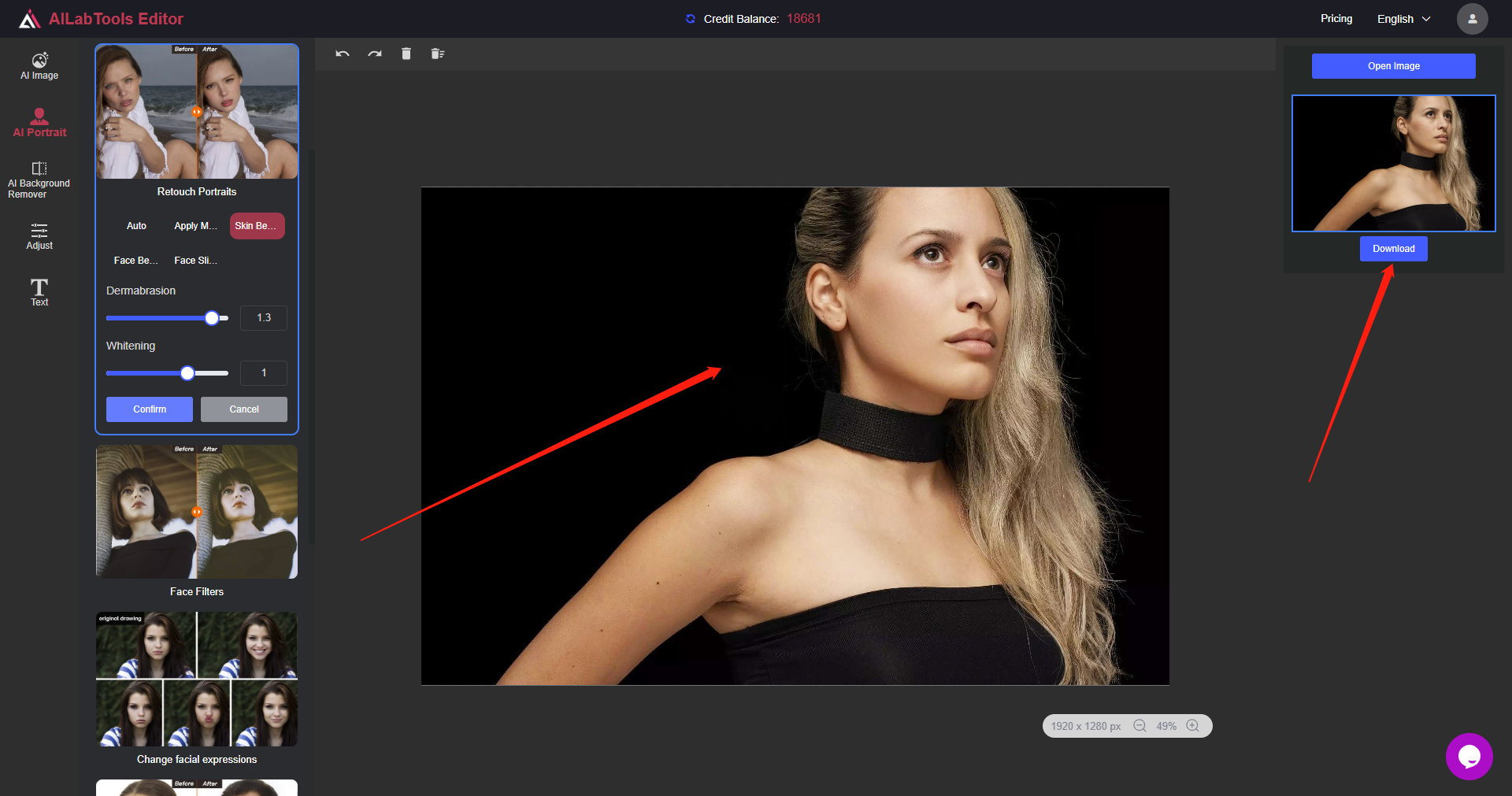 Preview and download the result image of the portrait retouching