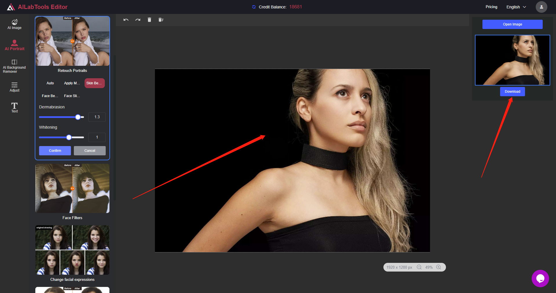 Prévisualiser et télécharger l’image résultante de la retouche portrait