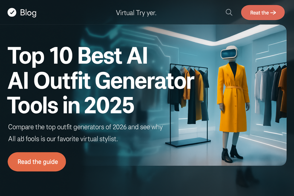 Futuristic virtual fitting room with AI outfit generator interface and mannequin in yellow coat