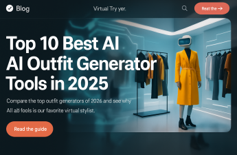 Futuristic virtual fitting room with AI outfit generator interface and mannequin in yellow coat