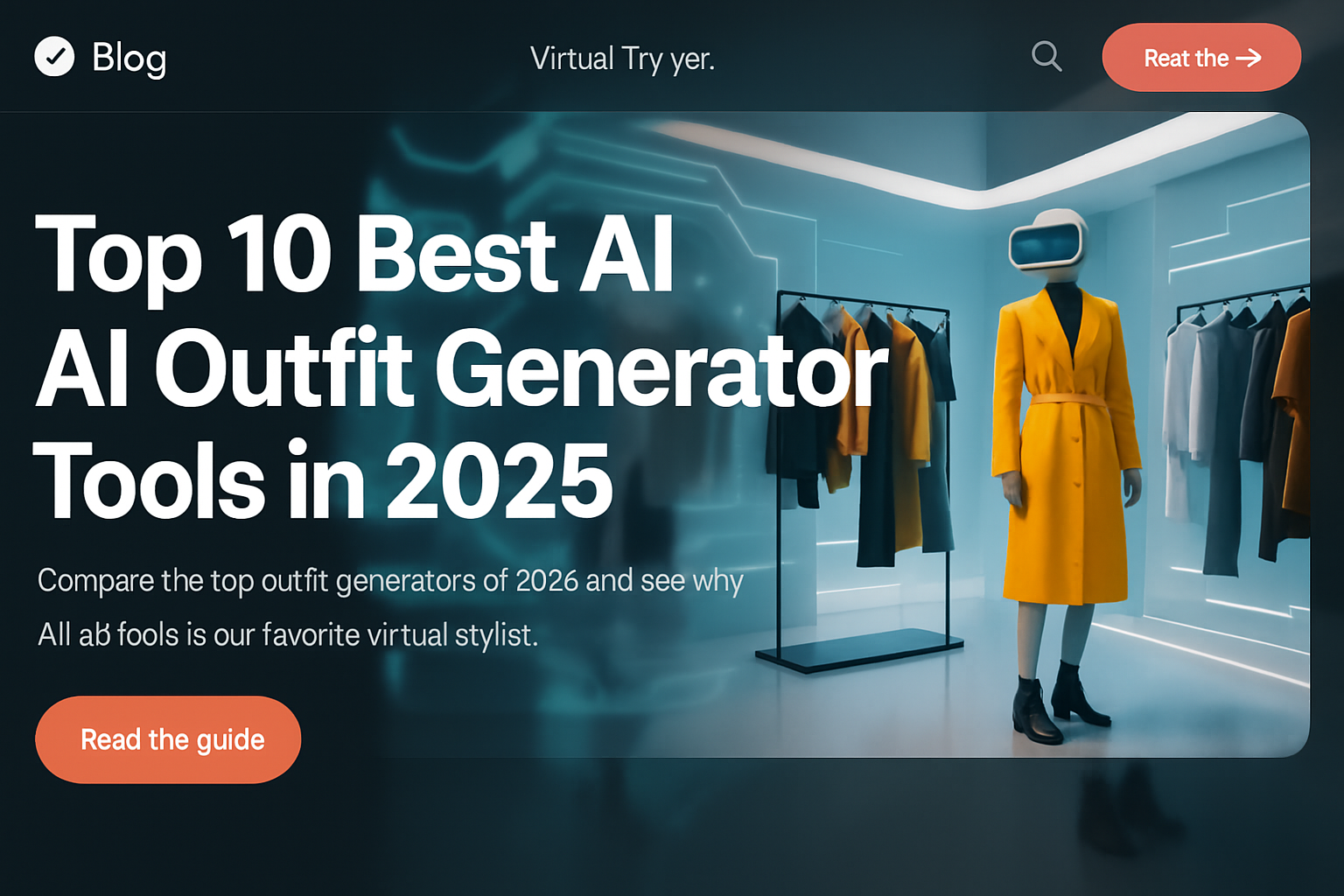 Futuristic virtual fitting room with AI outfit generator interface and mannequin in yellow coat