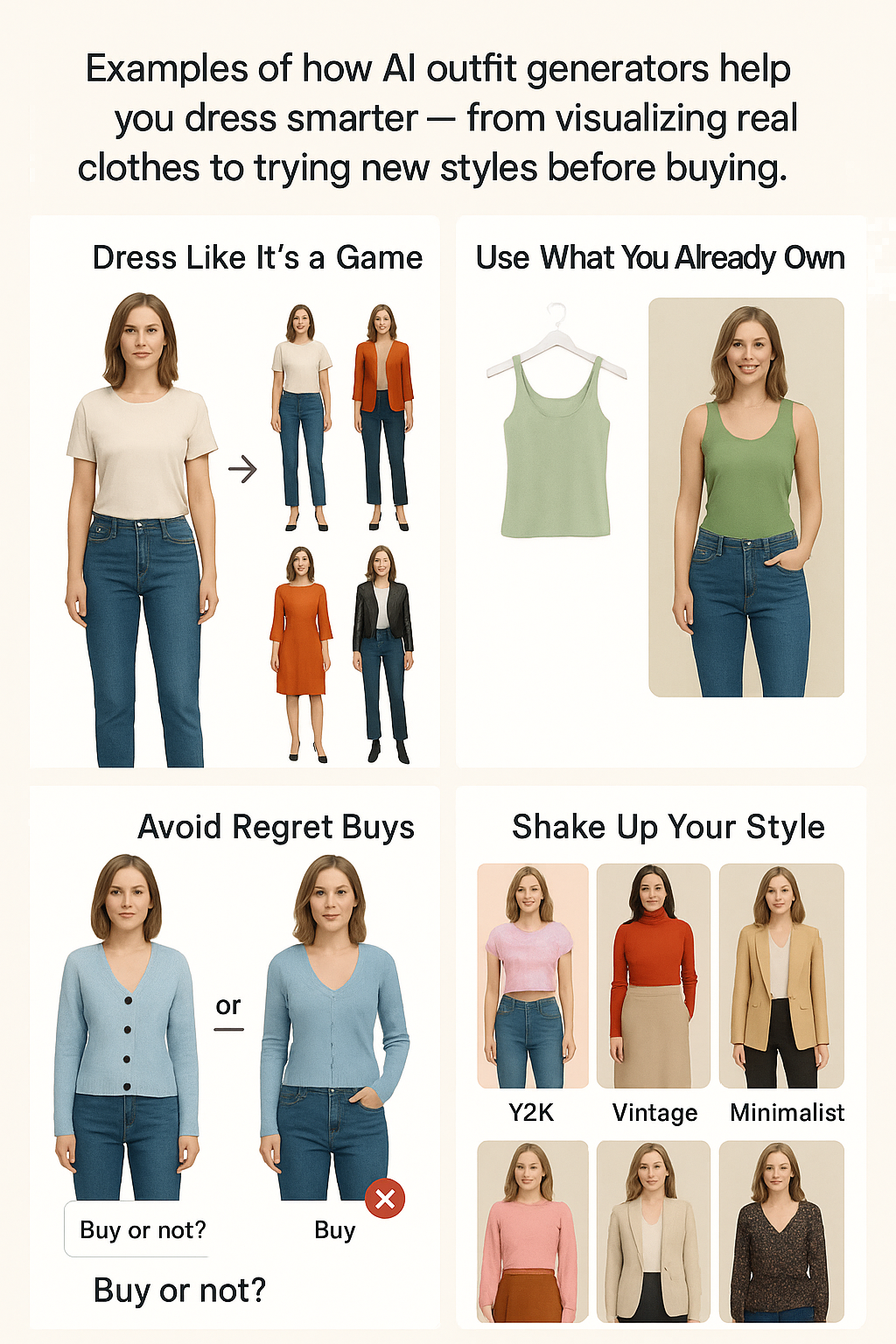 Examples of AI-generated outfits using different prompts for style inspiration.