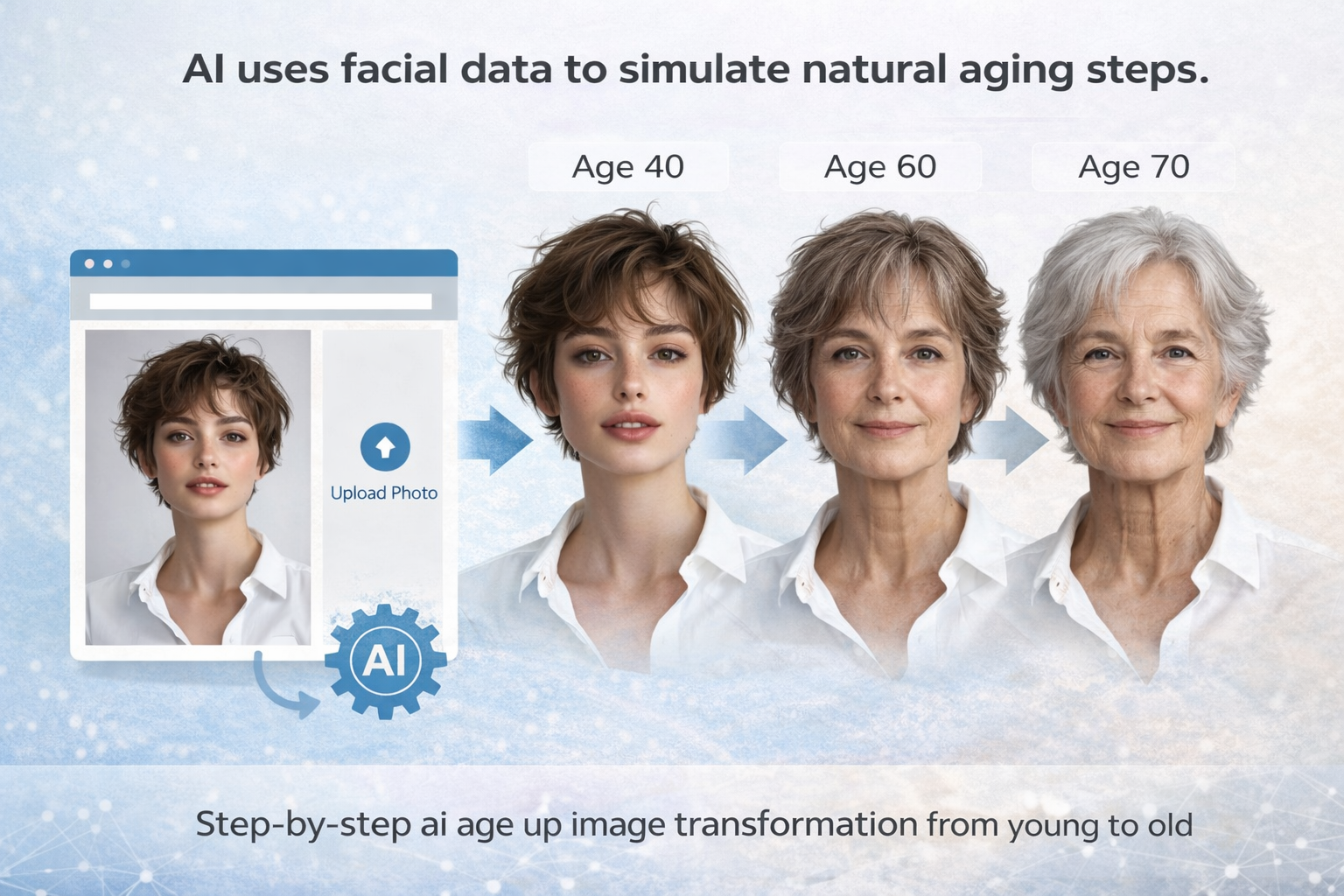 Step-by-step ai age up image transformation from young to old