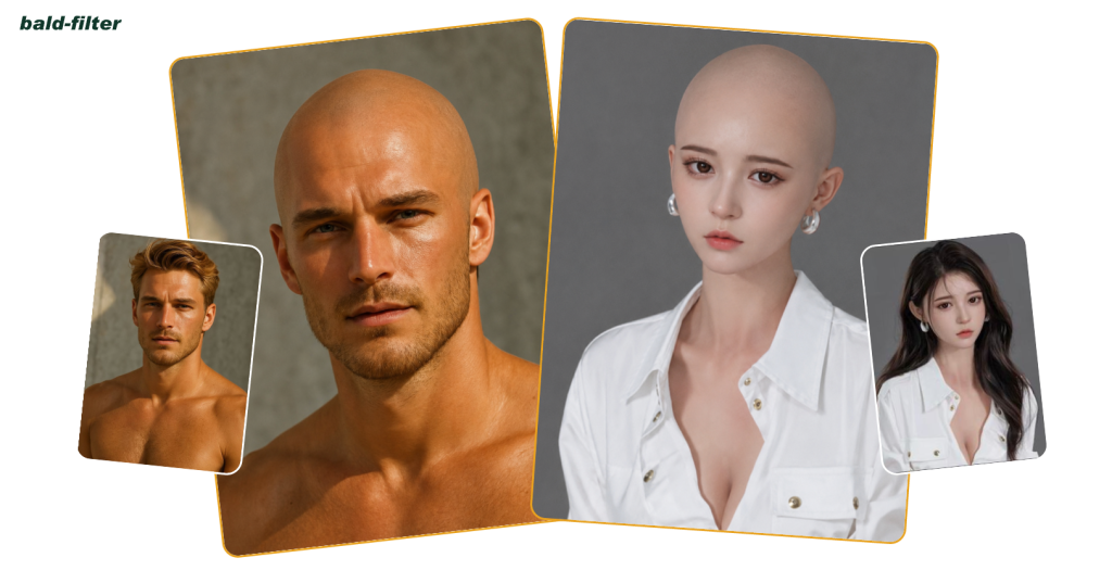 AI Bald Filter before and after preview showing realistic bald hairstyle results