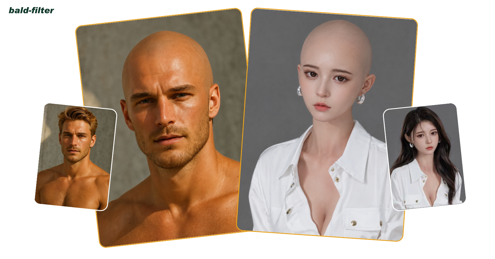 AI Bald Filter before and after preview showing realistic bald hairstyle results