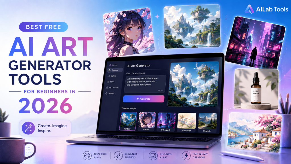 Best Free AI Art Generator Tools for Beginners in 2026 blog cover image featuring AILab Tools AI art generator interface, laptop mockup, and sample AI-generated artwork.