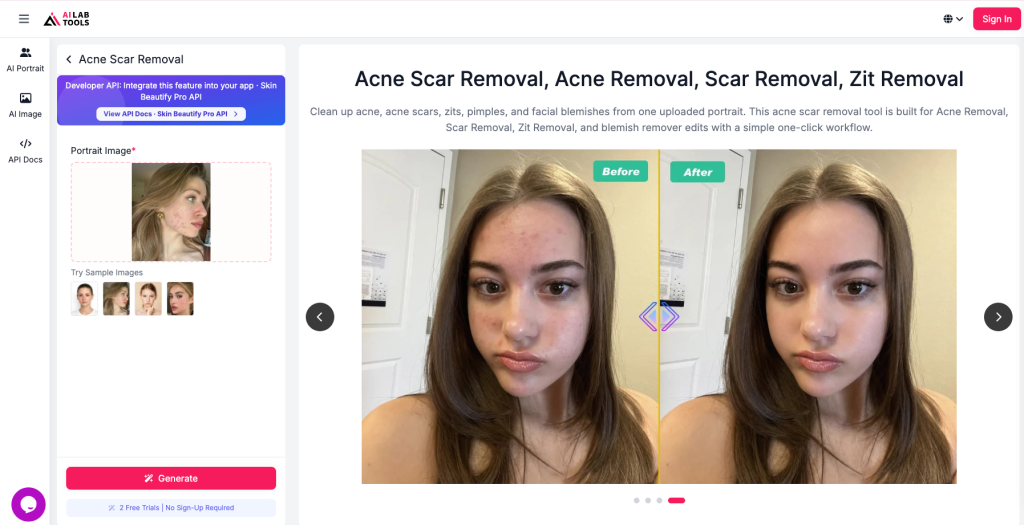 A phone showing a portrait upload screen, placed beside beauty items like a mirror, cleanser, and lip balm.