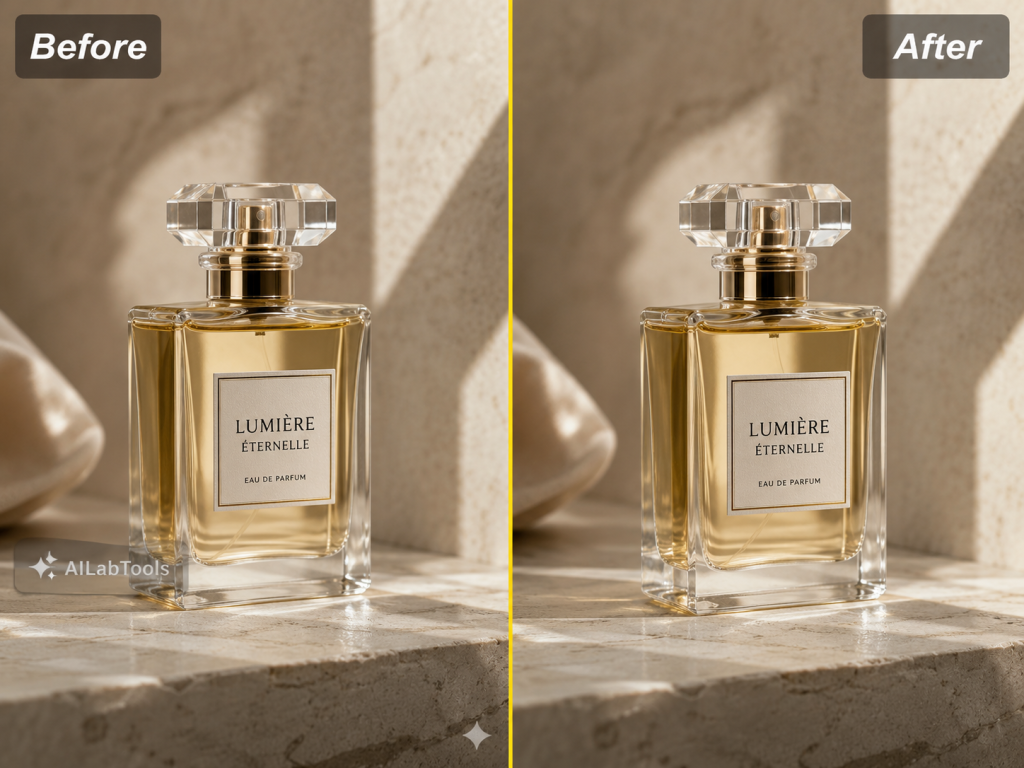 A before-and-after image showing an AI-generated photo with a small visible watermark in the corner and the cleaned version beside it.