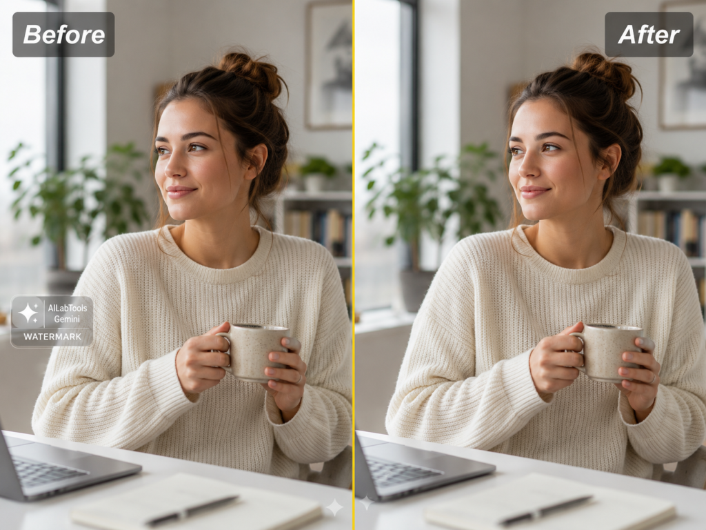 A close-up comparison showing texture repair on fabric, wall background, or soft gradient areas after watermark cleanup.