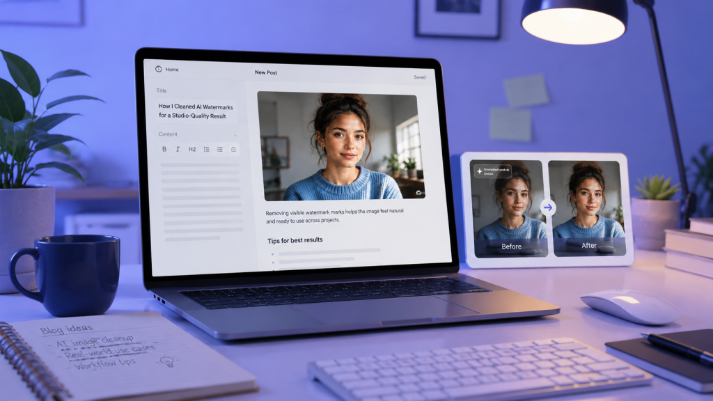 A creator workspace scene showing blog images, social media drafts, and a clean AI image preview on a laptop screen.