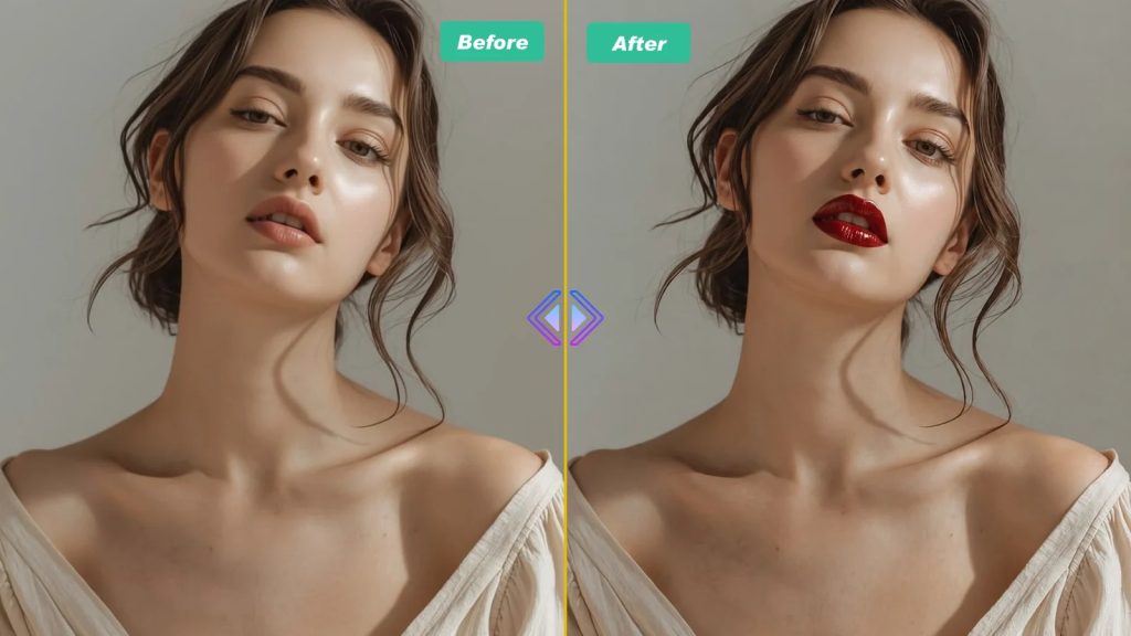 Sexy red lip gloss look with soft, natural makeup