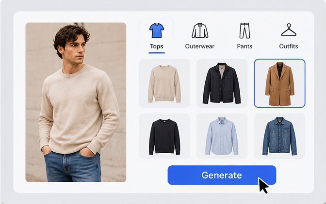 AI virtual try-on interface showing a male model and multiple clothing options