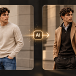 AI virtual try-on showing the same male model changing from a beige sweater and jeans to a camel coat outfit