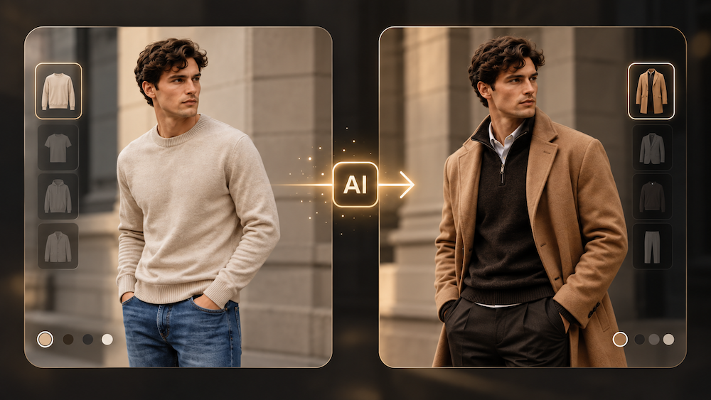 AI virtual try-on showing the same male model changing from a beige sweater and jeans to a camel coat outfit