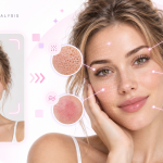 AI skin analysis from a selfie showing visible skin features including pores, redness, pigmentation, texture and fine lines