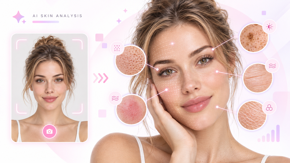 AI skin analysis from a selfie showing visible skin features including pores, redness, pigmentation, texture and fine lines