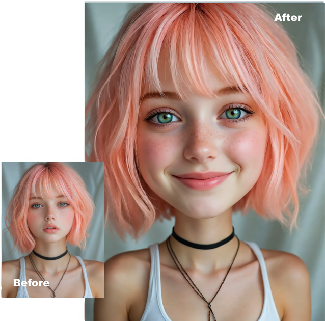 Original portrait compared with AI-generated big head character