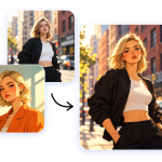 AI image combiner showing a portrait photo and an illustration merged into one stylized image