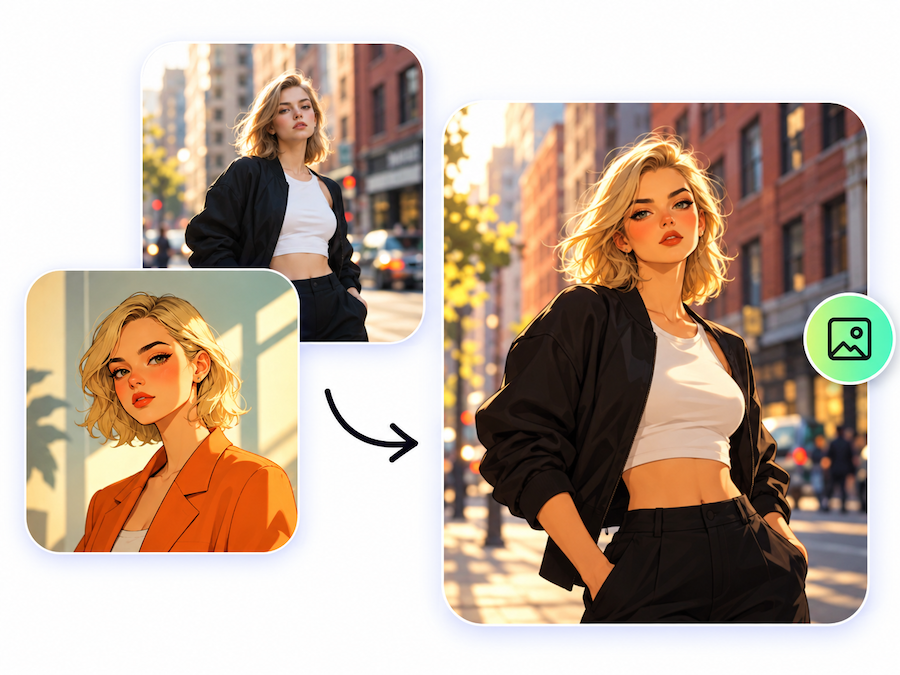 AI image combiner showing a portrait photo and an illustration merged into one stylized image