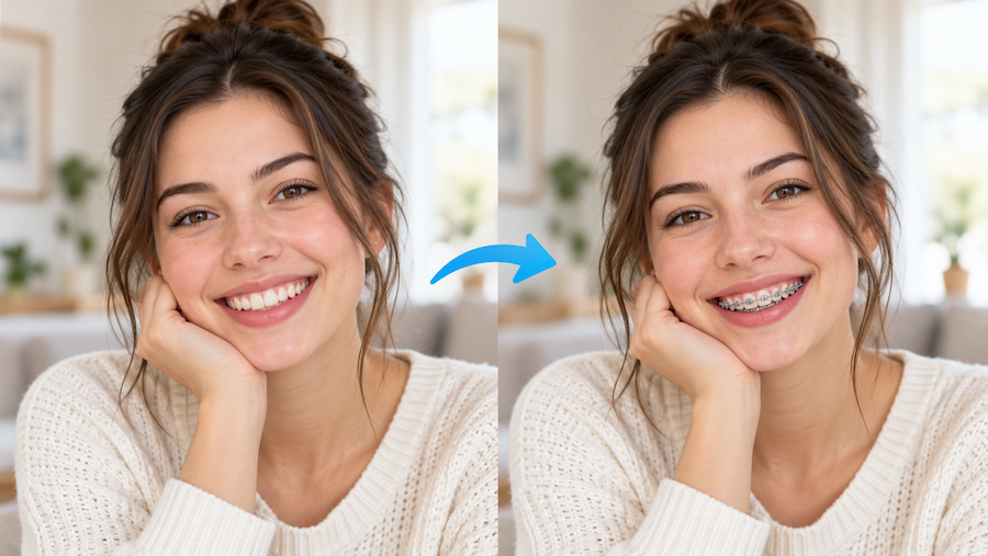 Before and after AI braces filter comparison showing a smiling woman with natural teeth and realistic metal braces.