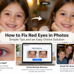 Before and after red eye removal comparison showing how to fix red eyes in photos naturally.