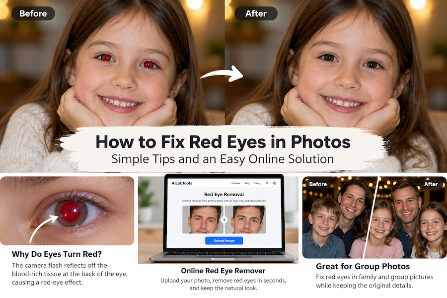 Before and after red eye removal comparison showing how to fix red eyes in photos naturally.